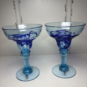 VTG Handblown Margarita Glasses Blue With Swirls Set Of 2 NEW Dated 2005 Unique